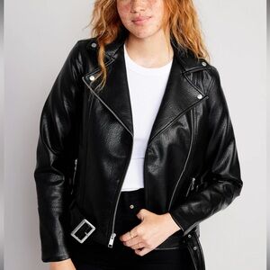 Faux-Leather Belted Biker Jacket